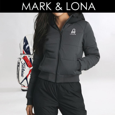 마크.배색 후드 래글런 패딩